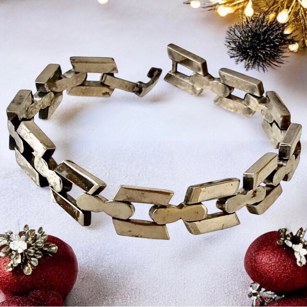 Vintage Heavy Bracelet 925 Sterling Silver Geometric Links Biker 30 gr